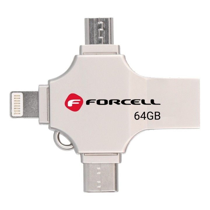 USB flash drive 64GB USB 3.2 Gen 1 (USB A / USB C / Lightning / Micro USB) Forcell F-Data Metal Quad silver