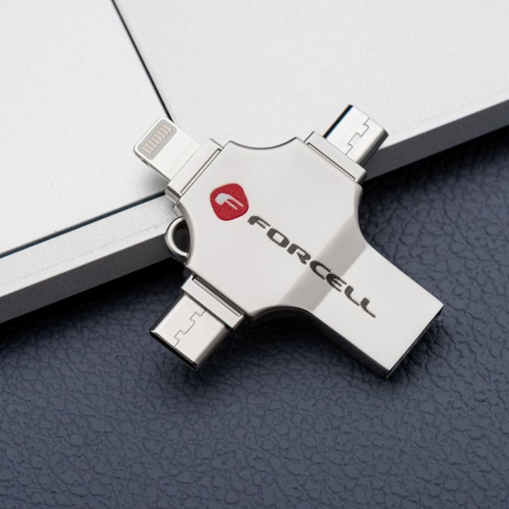 USB flash drive 16GB USB 3.2 Gen 1 (USB A / USB C / Lightning / Micro USB) Forcell F-Data Metal Quad silver