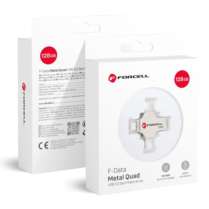 Флешка 128GB USB 3.2 Gen 1 (USB A / USB C / Lightning / Micro USB) Forcell F-Data Metal Quad срібляста