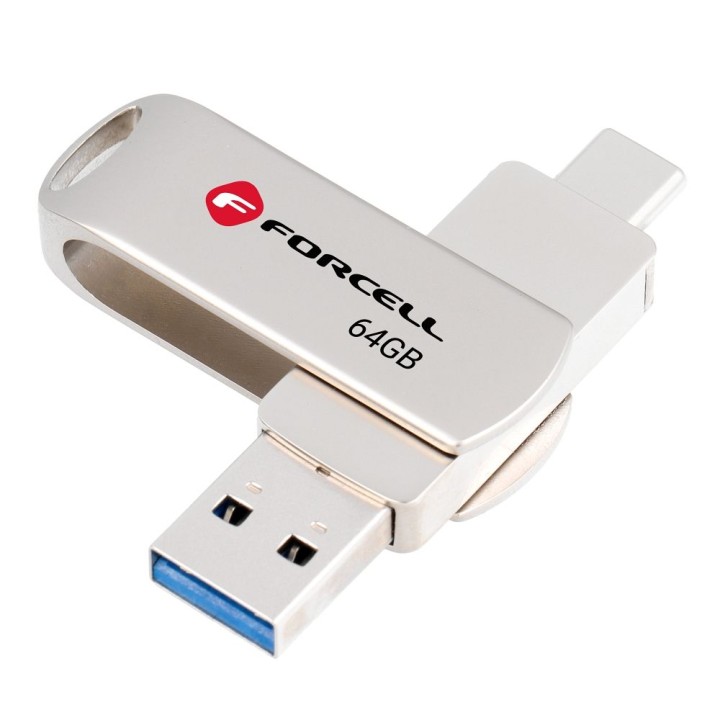 USB flash drive 64GB USB 3.2 Gen 1 (USB A / USB C) Forcell F-Data Metal Duo silver