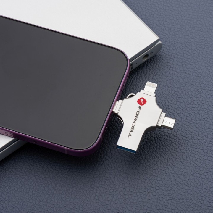 Флешка 16GB USB 3.2 Gen 1 (USB A / USB C / Lightning / Micro USB) Forcell F-Data Металл Quad серебристая