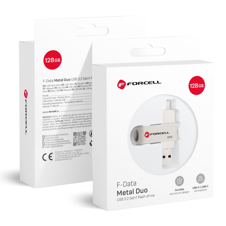 Флешка 128GB USB 3.2 Gen 1 (USB A / USB C) Forcell F-Data Металл Duo серебристая