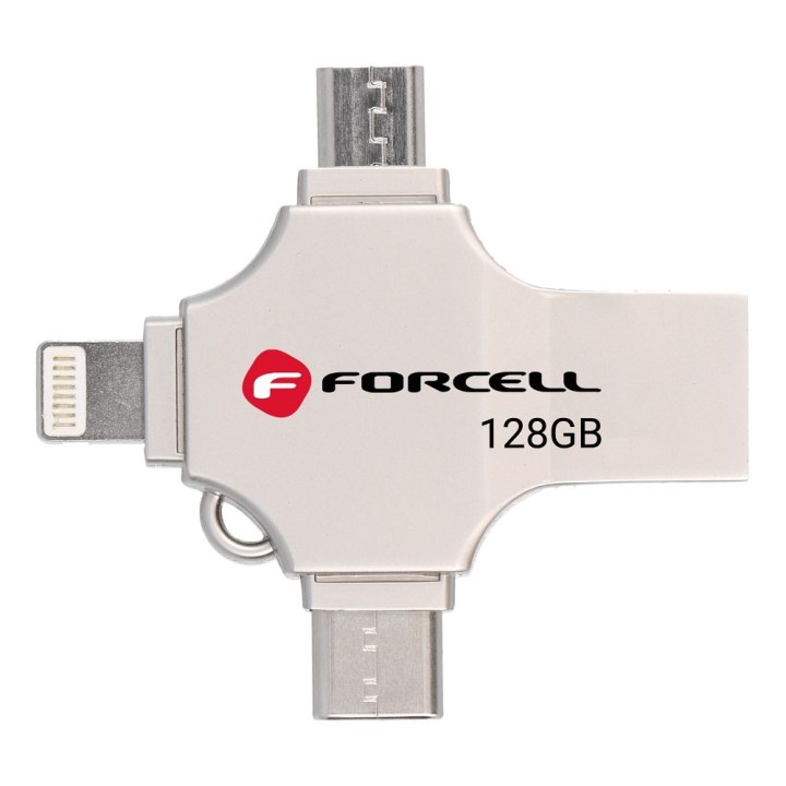 USB flash drive 128GB USB 3.2 Gen 1 (USB A / USB C / Lightning / Micro USB) Forcell F-Data Metal Quad silver