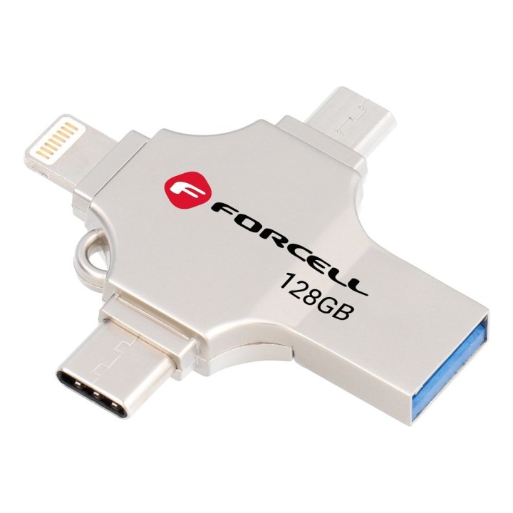 Флешка 128GB USB 3.2 Gen 1 (USB A / USB C / Lightning / Micro USB) Forcell F-Data Metal Quad срібляста