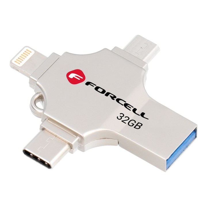 Флешка 32GB USB 3.2 Gen 1 (USB A / USB C / Lightning / Micro USB) Forcell F-Data Metal Quad срібляста