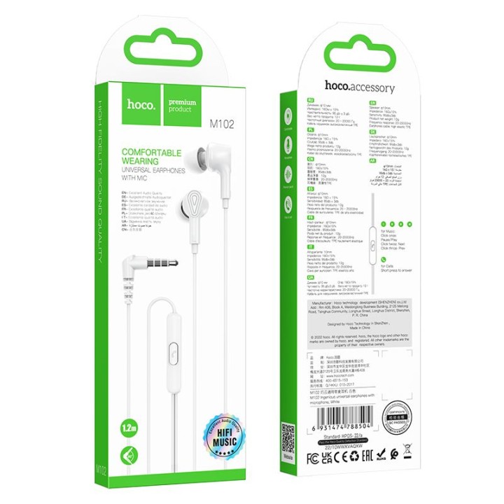 Headphones wired in-ear Jack 3,5 mm Hoco M102 white