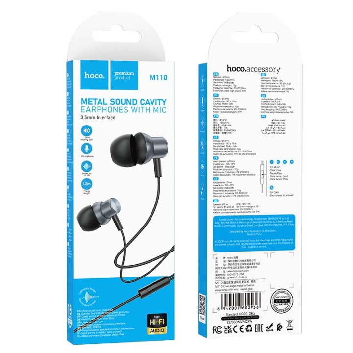 Wired in-ear headphones Jack 3,5 mm Hoco M110 grey