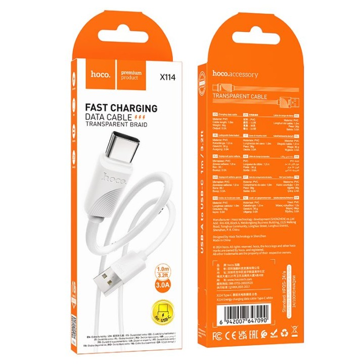 Kabel USB A do USB C Hoco 3A 1 m X114 biały