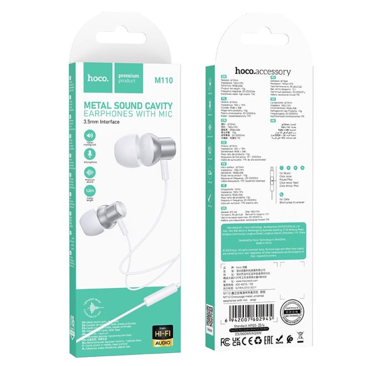 Headphones wired in-ear Jack 3,5 mm Hoco M110 silver