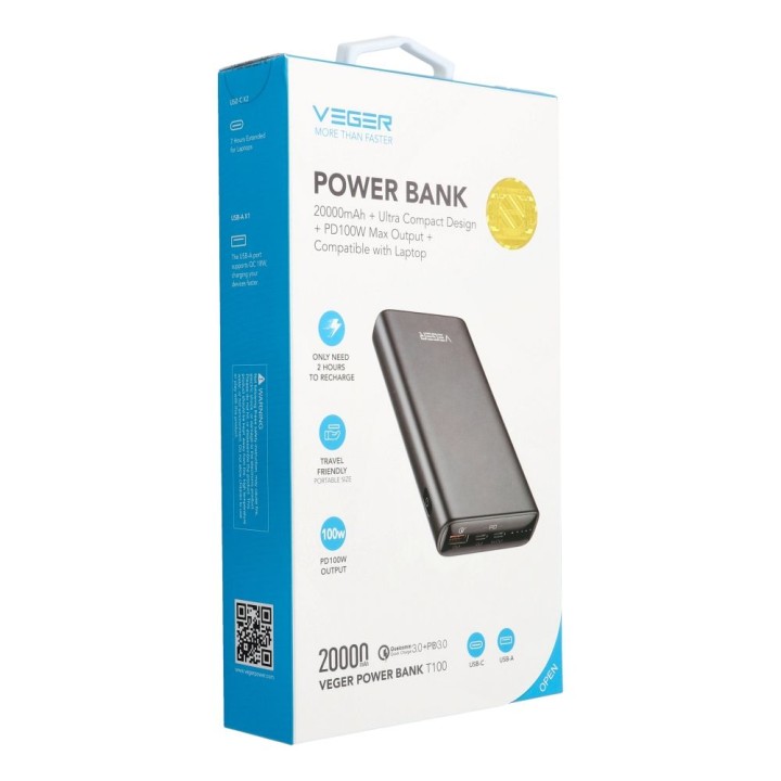 Powerbank Veger T100 (W2032C-100) PD QC3.0 5A 100W 20000 mAh czarny 0INT
