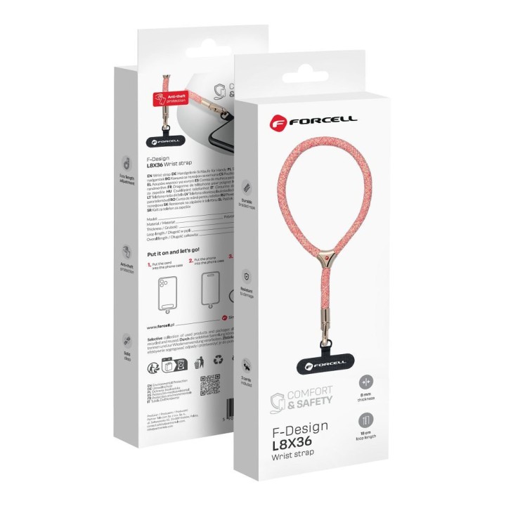 Phone wrist strap with adjustable length Forcell F-Design L8X36 (max 18cm loop length) pink-white
