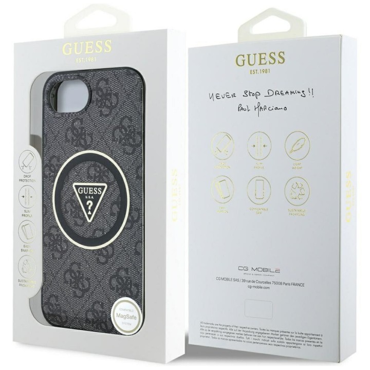 GUESS futerał do IPHONE 16e (SE 4 2025) kompatybilny z MagSafe GUHMPSE4HG4PRTGK (IML Metal Glitter 4G Circle Triangle) czarny