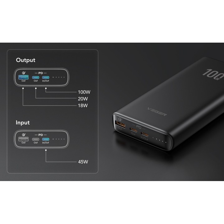 Powerbank Veger T100 (W2032C-100) PD QC3.0 5A 100W 20000 mAh czarny 0INT
