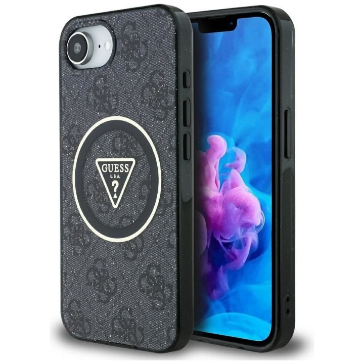 GUESS futerał do IPHONE 16e (SE 4 2025) kompatybilny z MagSafe GUHMPSE4HG4PRTGK (IML Metal Glitter 4G Circle Triangle) czarny