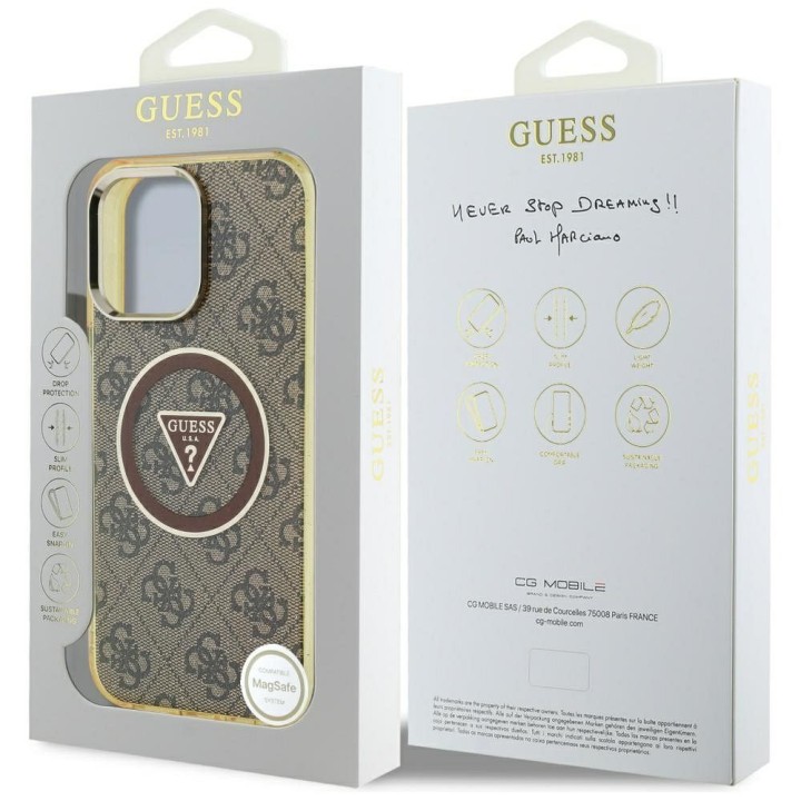 GUESS case for IPHONE 16 Pro compatible with Magsafe GUHMP16LHG4PRTGW (IML Metal Glitter 4G Circle Triangle) brown