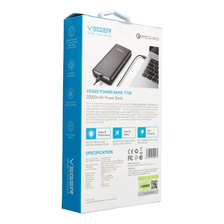 Powerbank Veger T100 (W2032C-100) PD QC3.0 5A 100W 20000 mAh czarny 0INT