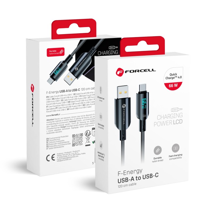 Кабель USB-A – USB-C Forcell F-Energy QC4.0 PD 3A 66W Digital 1,2 m C272 чорний