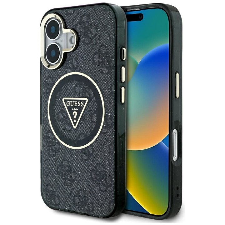GUESS case for IPHONE 16 compatible with MagSafe GUHMP16SHG4PRTGK (IML Metal Glitter 4G Circle Triangle) black