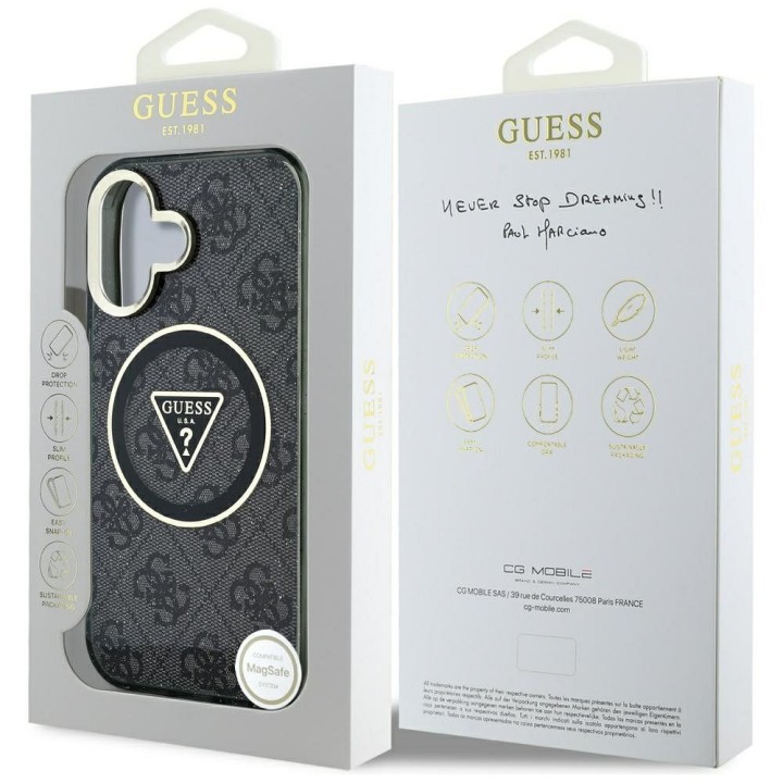 GUESS чехол для IPHONE 16 совместимый с MagSafe GUHMP16SHG4PRTGK (IML Metal Glitter 4G Circle Triangle) черный