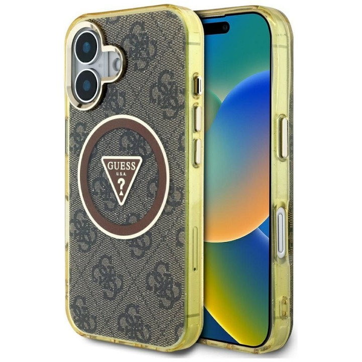GUESS case for IPHONE 16 compatible with Magsafe GUHMP16SHG4PRTGW (IML Metal Glitter 4G Circle Triangle) brown