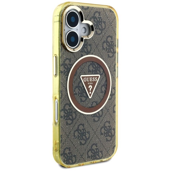 GUESS case for IPHONE 16 compatible with Magsafe GUHMP16SHG4PRTGW (IML Metal Glitter 4G Circle Triangle) brown