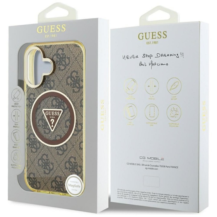 GUESS чехол для IPHONE 16 совместимый с MagSafe GUHMP16SHG4PRTGW (IML Metal Glitter 4G Circle Triangle) коричневый