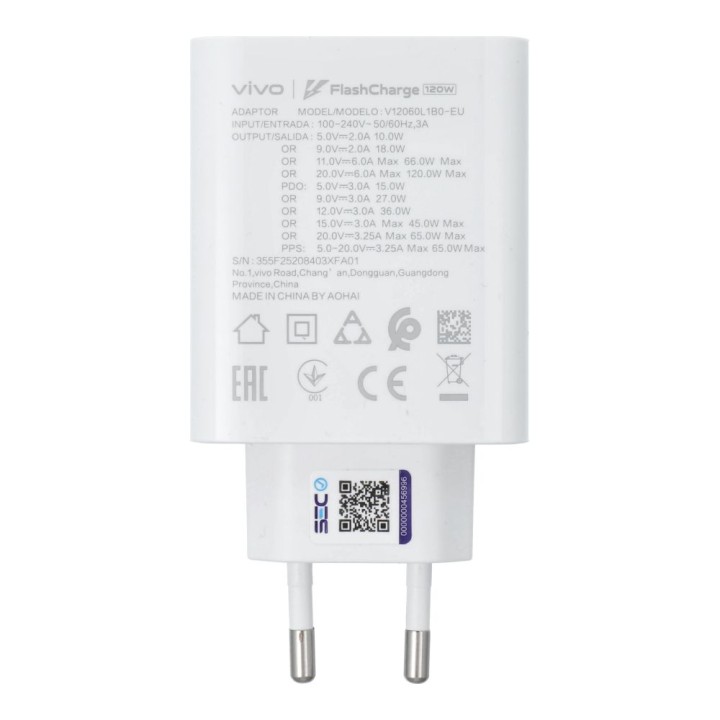 VIVO original wall charger Flash Charge USB C 3A 120W V12060L1B0 white bulk
