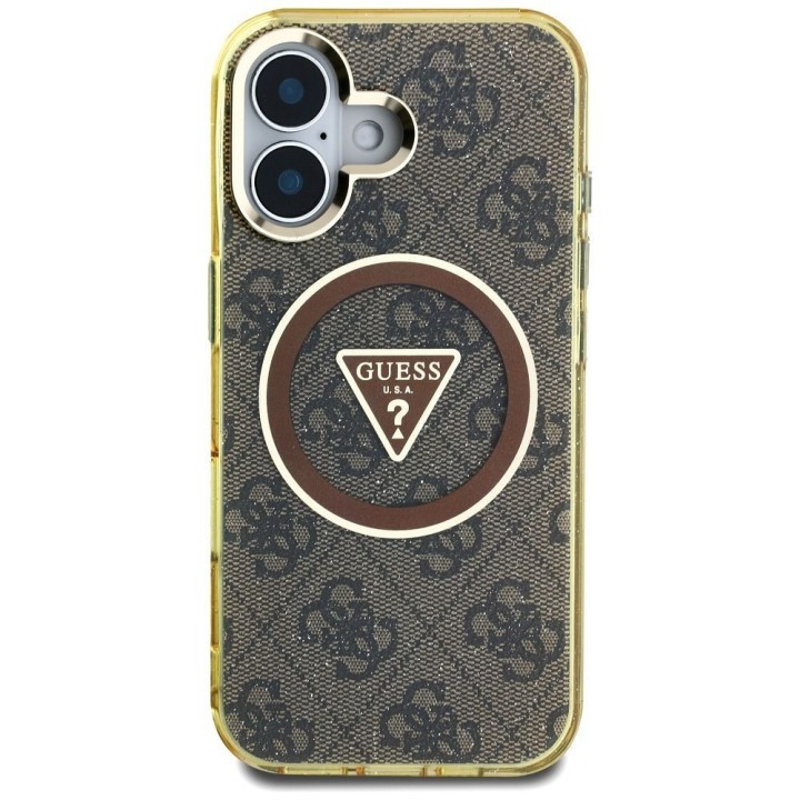 GUESS case for IPHONE 16 compatible with Magsafe GUHMP16SHG4PRTGW (IML Metal Glitter 4G Circle Triangle) brown