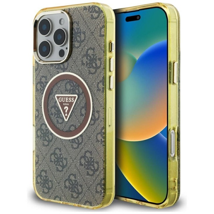 GUESS case for IPHONE 16 Pro compatible with Magsafe GUHMP16LHG4PRTGW (IML Metal Glitter 4G Circle Triangle) brown