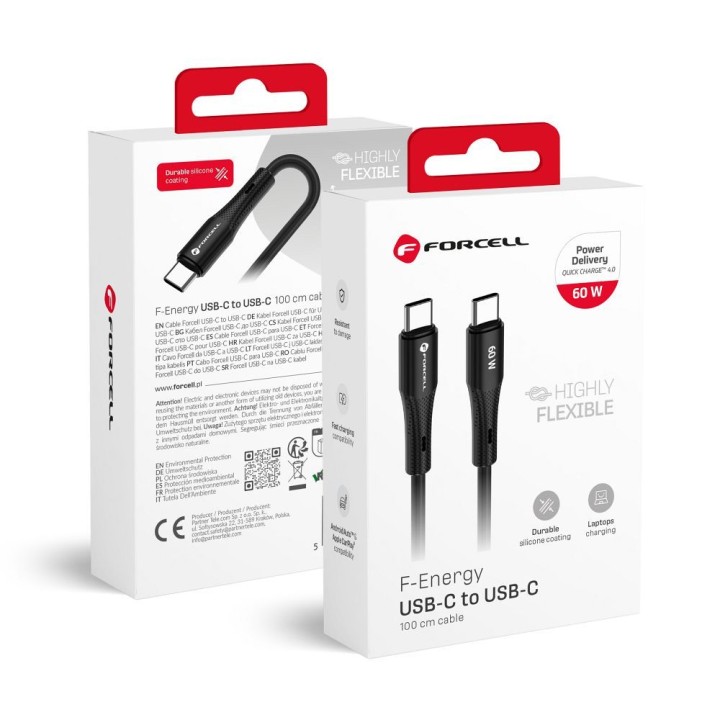 Cable USB C to USB C Forcell F-Energy QC4.0 PD 3A 60W Silicone 1 m C344 black