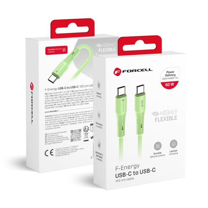 Кабель USB-C – USB-C Forcell F-Energy QC4.0 PD 3A 60W Silicone 1 m C344 зелений