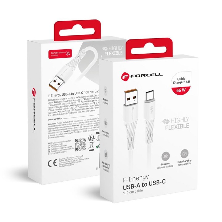 USB-A to USB-C cable Forcell F-Energy QC4.0 3A 66W Silicone 1 m C342 white