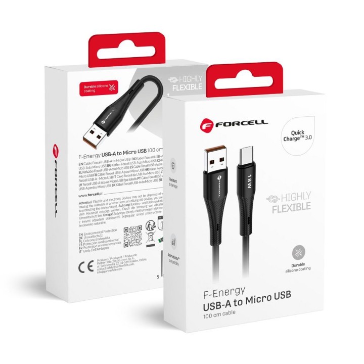 Кабель USB A — Micro USB Forcell F-Energy QC3.0 2,4A 18W Silicone 1 m C341 чорний