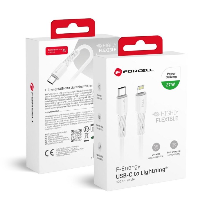 Cable USB C to Lightning Forcell F-Energy PD 3A 27W Silicone 1 m C346 white