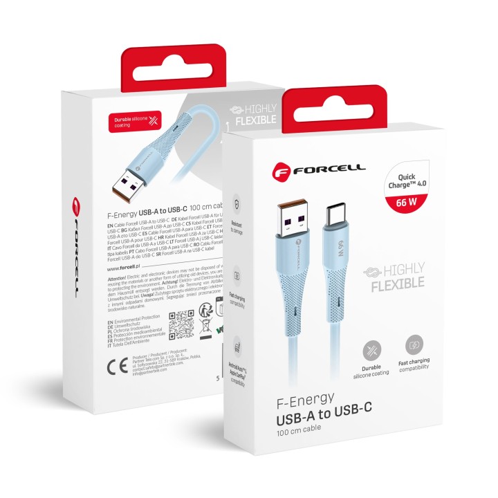 Cable USB A to USB C Forcell F-Energy QC4.0 3A 66W Silicone 1 m C342 blue