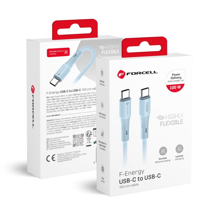 Cable USB C to USB C Forcell F-Energy QC4.0 PD 5A 100W Silicone 1 m C347 blue