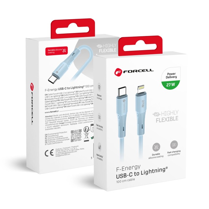 Cable USB C to Lightning Forcell F-Energy PD 3A 27W Silicone 1 m C346 blue