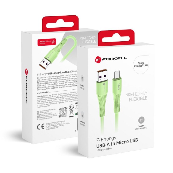 Кабель USB A — Micro USB Forcell F-Energy QC3.0 2,4A 18W Silicone 1 m C341 зелений