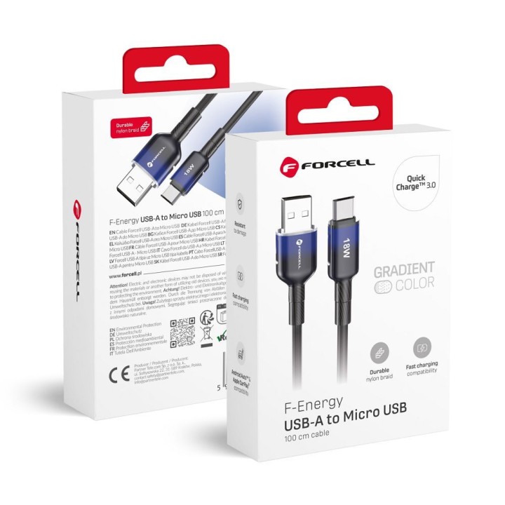 Кабель USB A — Micro USB Forcell F-Energy QC3.0 2,4A 18W Gradient 1 m C351 черный