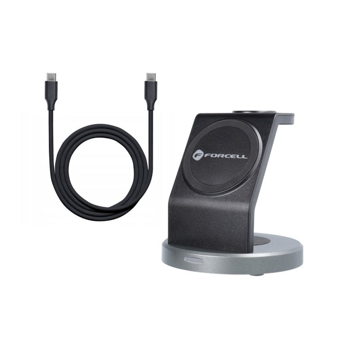 FORCELL бездротовий зарядний пристрій Qi 3 в 1 15W Solid Mag Charger, сумісний із MagSafe, чорний