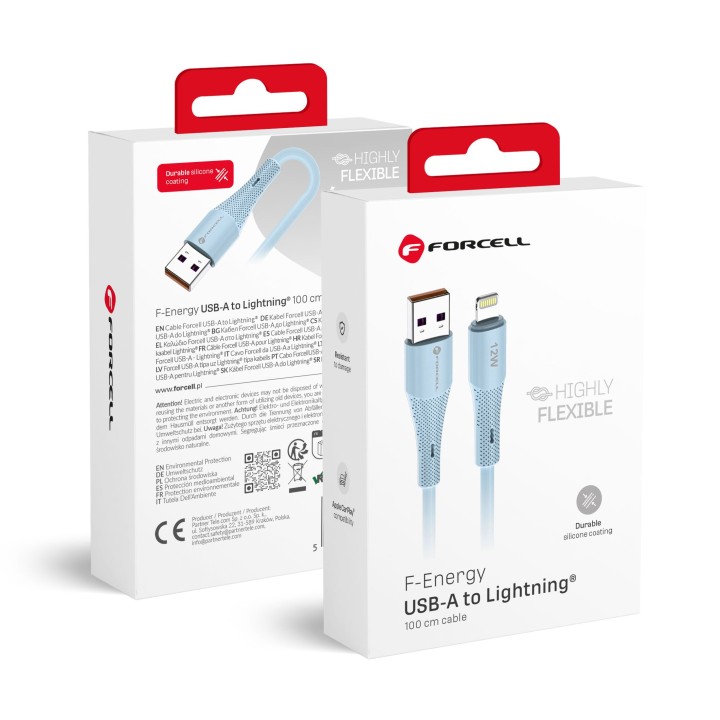 Cable USB A to Lightning Forcell F-Energy 2,4A 12W Silicone 1 m C343 blue