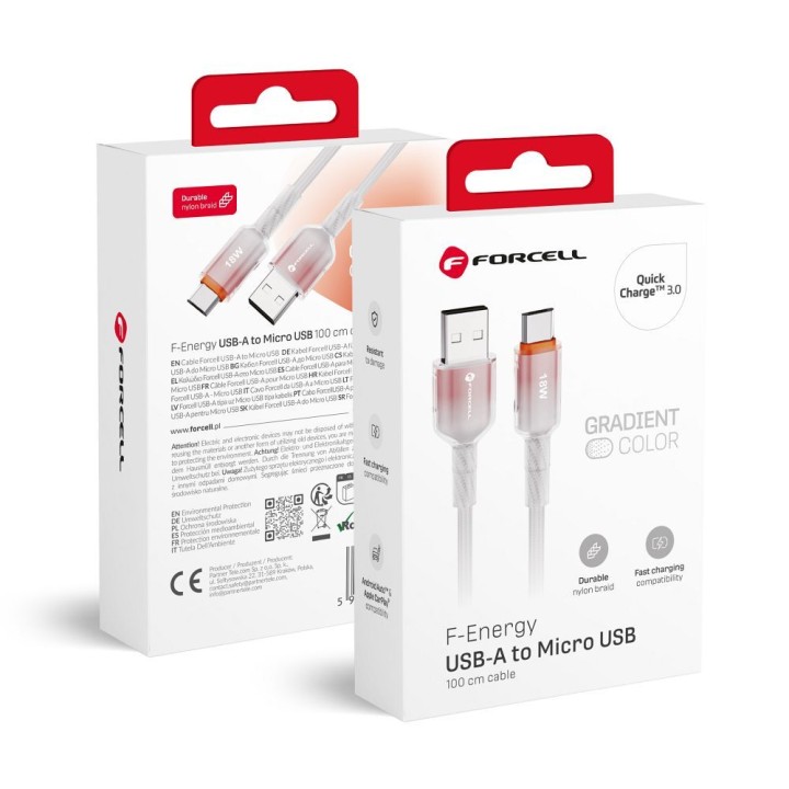 Кабель USB A — Micro USB Forcell F-Energy QC3.0 2,4A 18W Gradient 1 m C351 белый