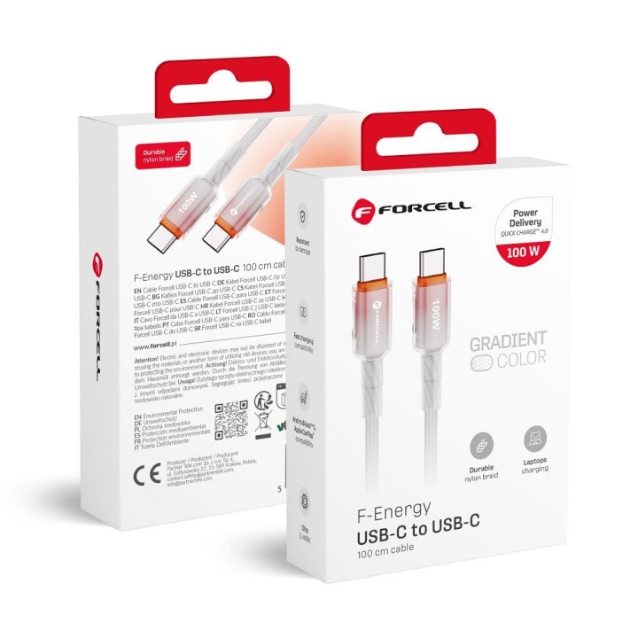 Cable USB C to USB C Forcell F-Energy QC4.0 PD 5A 100W Gradient 1 m C357 white 0INT