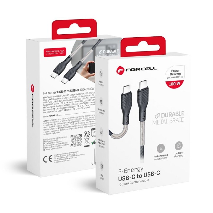 Кабель USB-C – USB-C Forcell F-Energy QC4.0 PD 5A 100W Carbon 1 m CB-04C чорний