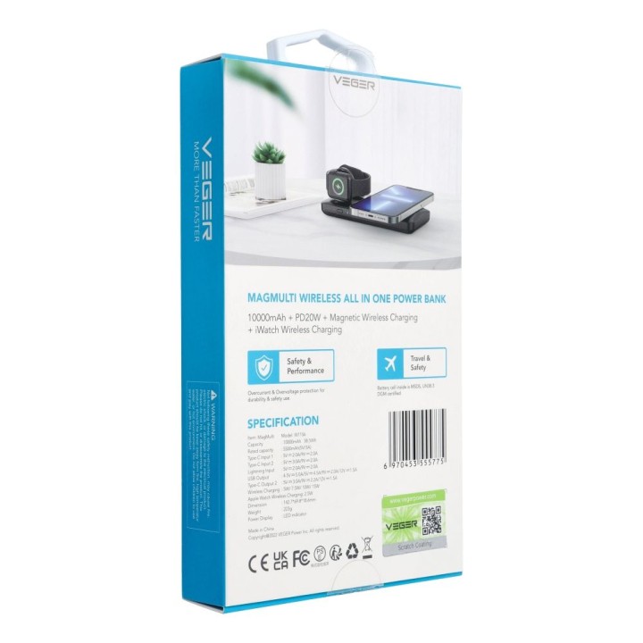 Powerbank zgodny z Magsafe Veger MagMulti (W1156) PD QC3.0 3A 22,5W 10000 mAh z ładowaniem indukcyjnym czarny