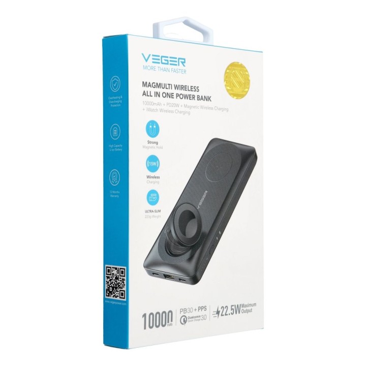 Повербанк сумісний з MagSafe Veger MagMulti (W1156) PD QC3.0 3A 22,5W 10000 mAh із зарядкою бездротовим чорний