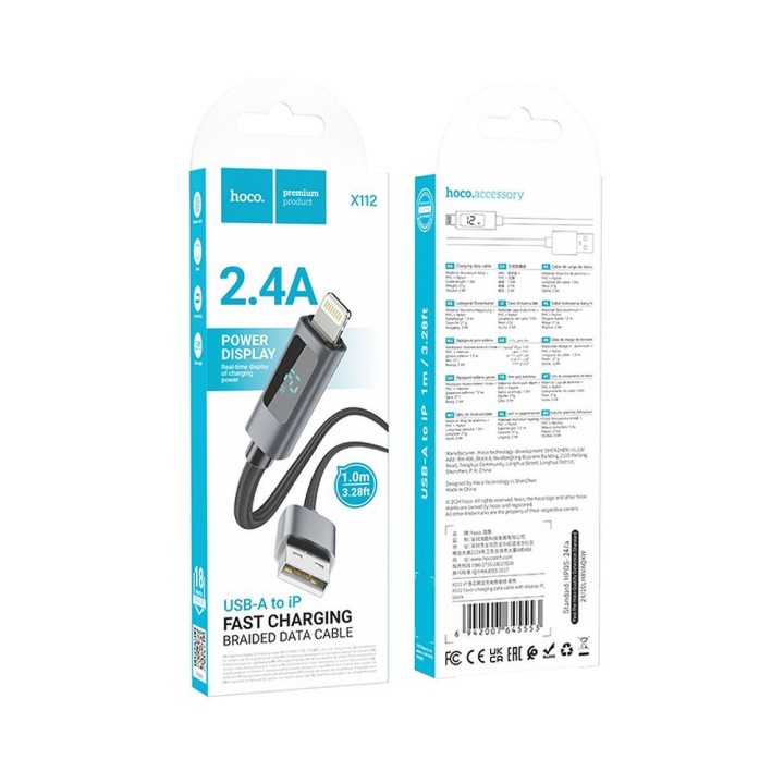 Cable USB A to Lightning Hoco 2,4A with display 1 m X112 black