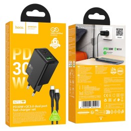 Сетевое зарядное устройство для телефона Hoco USB A + USB C QC3.0 PS AFC 3A 30W + кабель USB-C – USB-C N71 черное