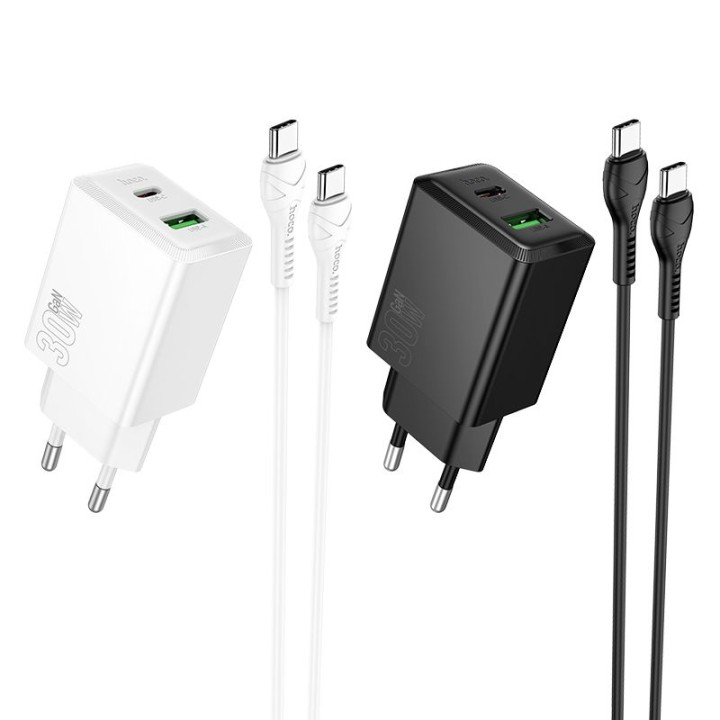 Сетевое зарядное устройство для телефона Hoco USB A + USB C QC3.0 PS AFC 3A 30W + кабель USB-C – USB-C N71 черное