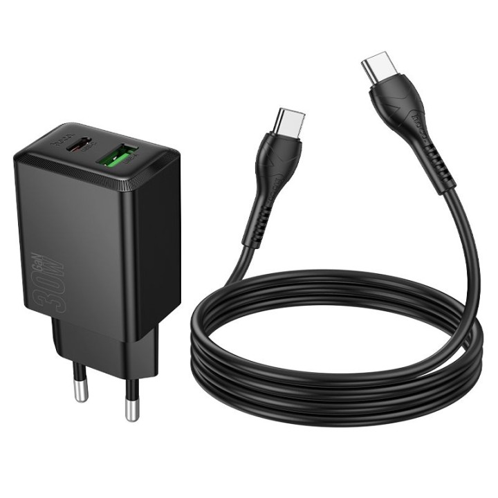 Мережевий зарядний пристрій для телефону Hoco USB A + USB C QC3.0 PS AFC 3A 30W + кабель USB C — USB C N71 чорний